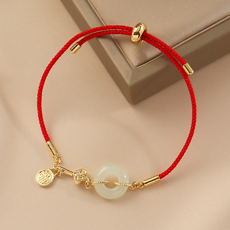 Pulsera de cuerda roja con hebilla de paz de jade hetiano chapado en oro de 18 quilates con Buddha Stones