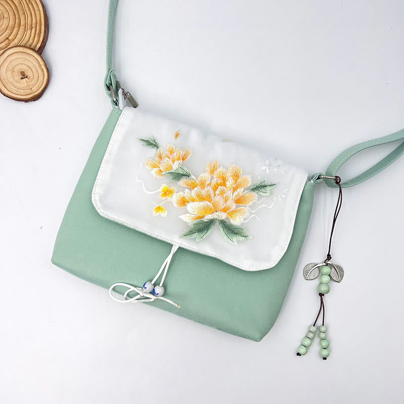 Buddha Stones Camelia bordada Epiphyllum Gardenia Sakura Flores Bolso bandolera Bolso de hombro Bolso para teléfono móvil