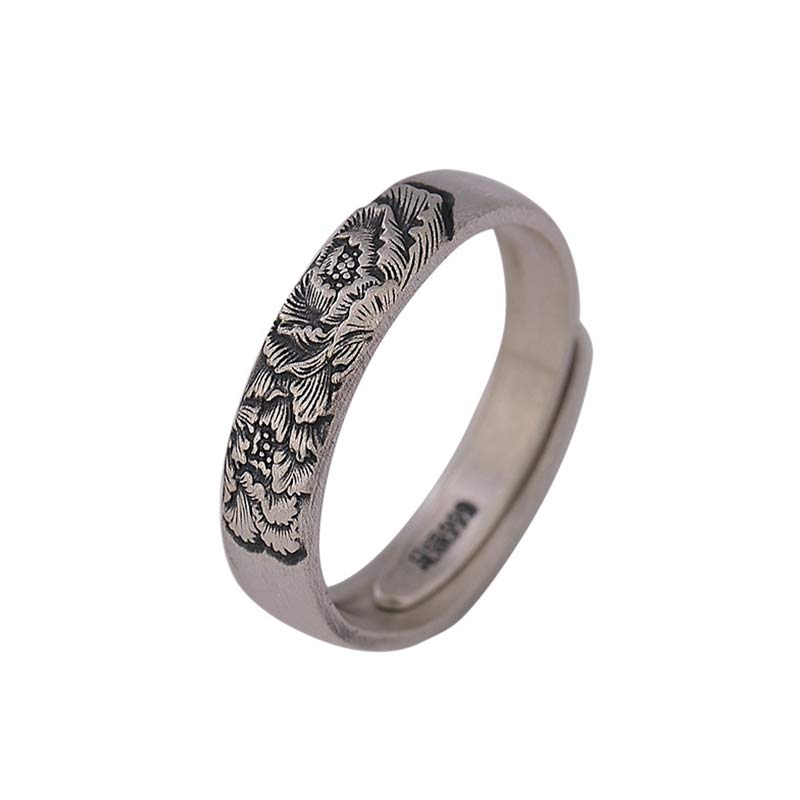 Anillo de iluminación de flor de peonía de loto de plata de ley 999