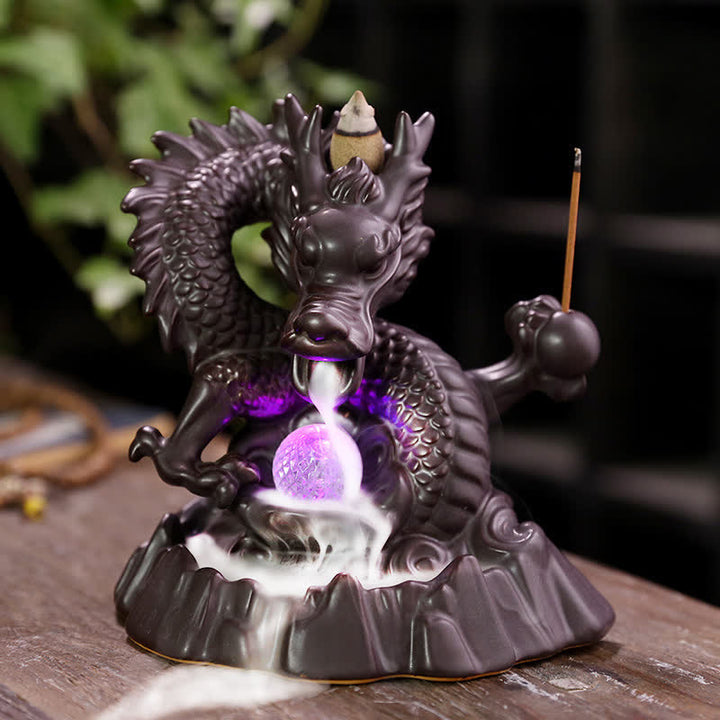Quemador de incienso curativo para meditación, fuente de humo de reflujo de cerámica de dragón auspicioso, decoración de bola Led