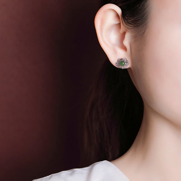 Juego de pendientes de anillo de la suerte con diseño hueco de jade cian hetiano natural de plata de ley 925 con Buddha Stones