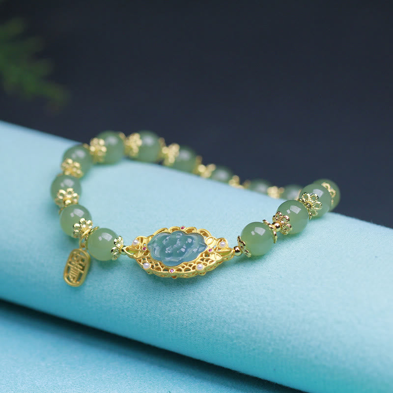 Pulsera de la suerte de loto de jade hetiano de plata de ley 925 chapada en oro de 14 quilates