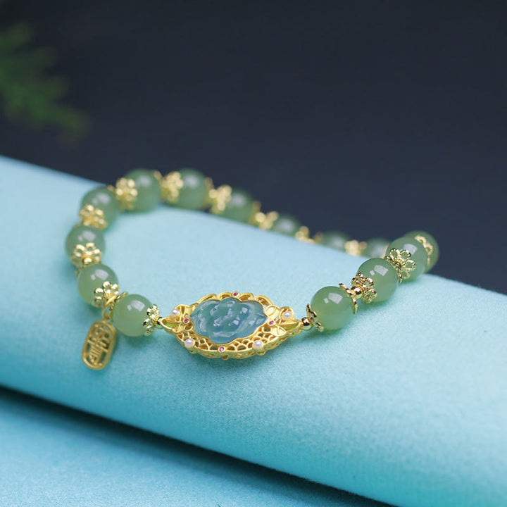Pulsera de la suerte de loto de jade hetiano de plata de ley 925 chapada en oro de 14 quilates
