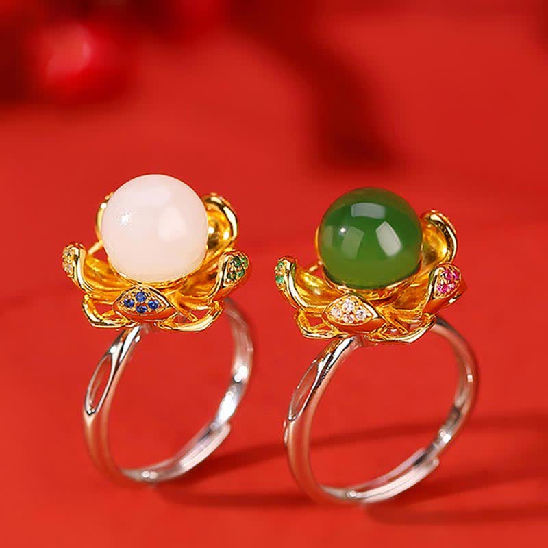 Anillo de éxito de flor de loto de jade cian blanco de plata de ley 925