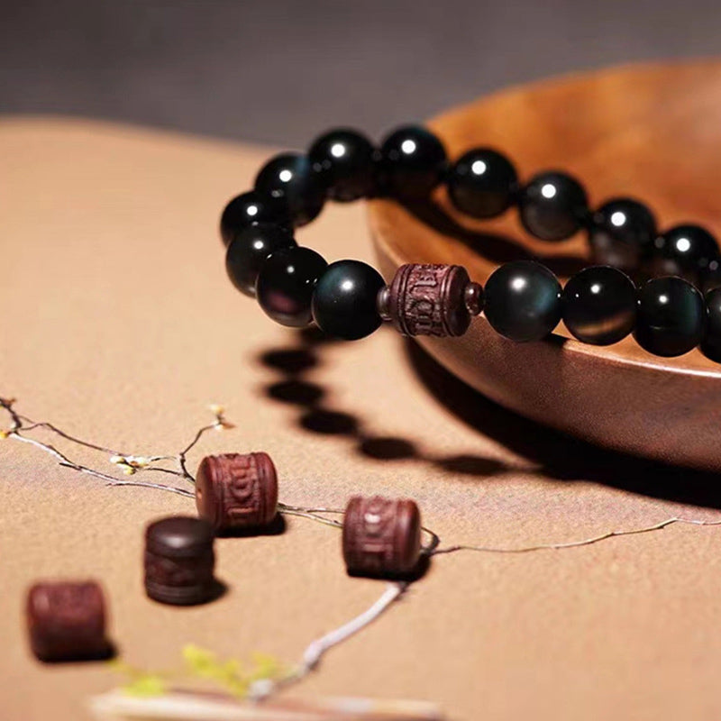Pulsera curativa con carácter de obsidiana arcoíris de obsidiana con brillo de oro natural con Buddha Stones Om Mani Padme Hum Fu
