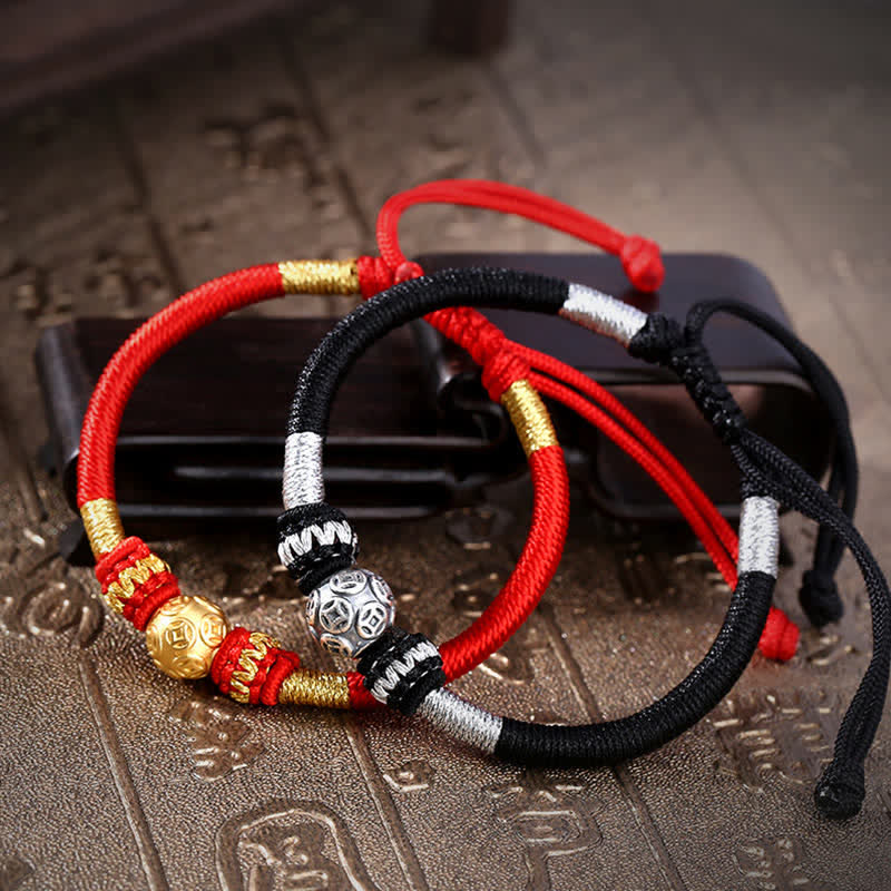 Pulsera de hilo con cuentas de la suerte, protección de monedas, cobre redondo, plata de ley 999, Buddha Stones