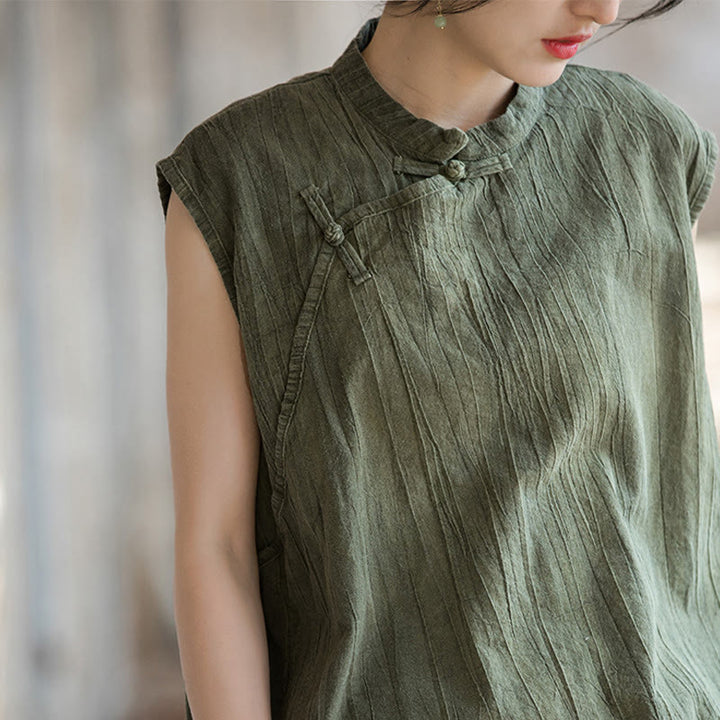 Camiseta sin mangas con botones de rana y lino de ramio teñido anudado hecho a mano con Buddha Stones