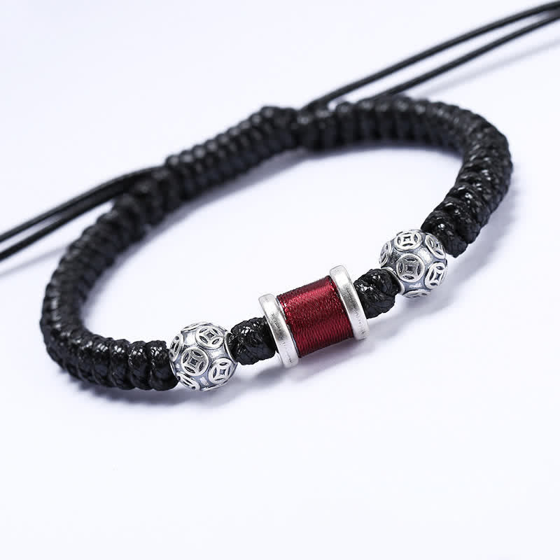 Pulsera de hilo trenzado con cuentas de moneda de cobre y plata de ley 999 con Buddha Stones