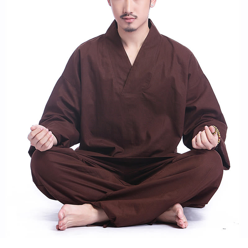 Conjunto de ropa de yoga para hombre con cuello en V, diseño de algodón y lino con Buddha Stones para meditación y oración - Marrón - US/UK/AU44，EU54 (3XL) - image 0
