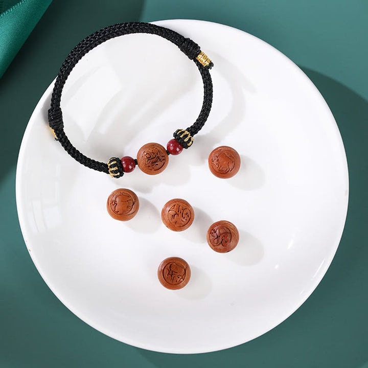 Pulsera de riqueza de cinabrio tallada con carácter del zodíaco chino, madera de melocotón Natural, Buddha Stones