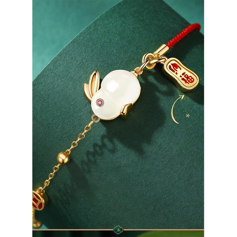 Buddha Stones Año del Conejo Jade Blanco Felicidad Pulsera de Cadena de Hilo Rojo