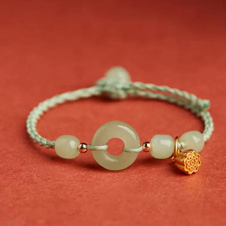 Pulsera de Buddha Stones, hebilla redonda de la paz, Jade, loto, felicidad, abundancia y riqueza