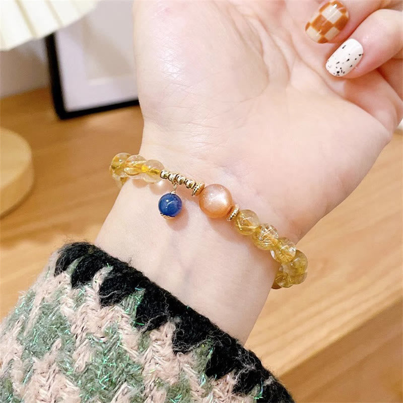Pulsera de riqueza de cianita con Buddha Stones, oro natural, Cuarzo rutilado, piedra solar