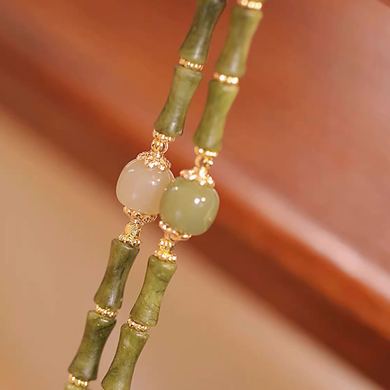 Pulsera de la suerte con patrón de bambú de jade hetiano, peridoto chapado en cobre de 14 quilates con Buddha Stones