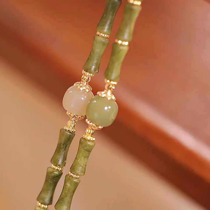 Pulsera de la suerte con patrón de bambú de jade hetiano, peridoto chapado en cobre de 14 quilates con Buddha Stones