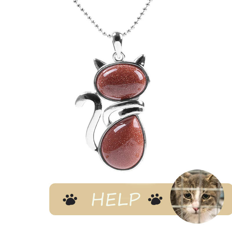 &quot;Save A Cat&quot; Lindo patrón de gato Protección de cristal natural Collar con colgante amante de los gatos