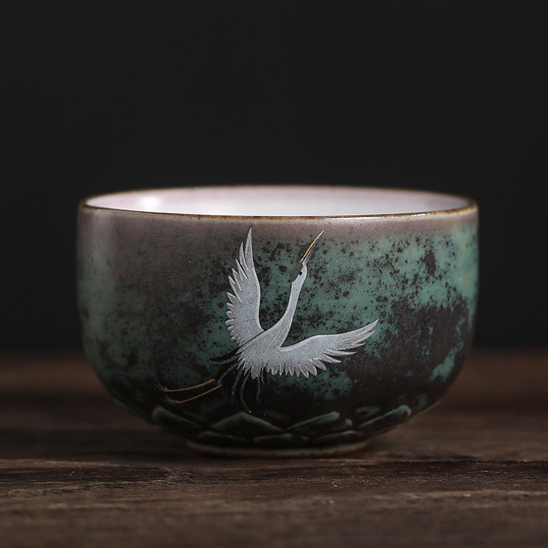 Taza de té de cerámica con grulla auspiciosa de Buddha Stones , tazón de taza de té de Kung Fu