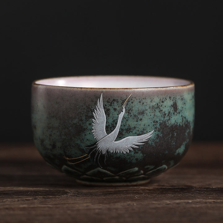 Taza de té de cerámica con grulla auspiciosa de Buddha Stones , tazón de taza de té de Kung Fu