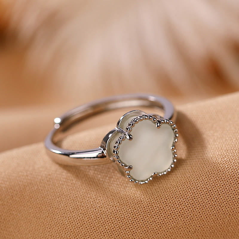 Juego de anillos y collar con colgante de flor de jade hetiano natural chapado en plata de ley 925 con Buddha Stones