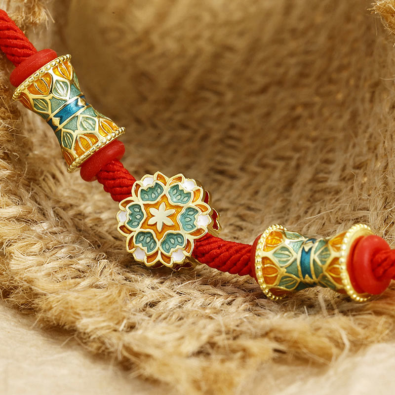 Pulsera de cuerda roja de nuevo comienzo con tambor de loto de Plata de Ley 925 de Buddha Stones Dunhuang