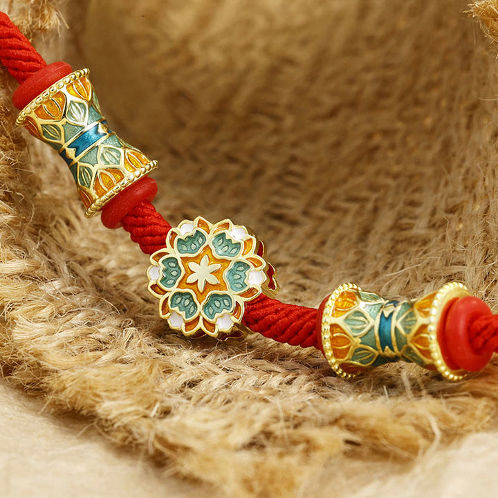 Pulsera de cuerda roja de nuevo comienzo con tambor de loto de Plata de Ley 925 de Buddha Stones Dunhuang