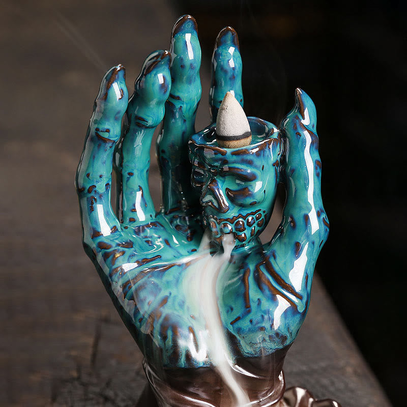 Quemador de incienso curativo de cerámica con cabeza de calavera y mano fantasma de Halloween , Buddha Stones, decoración