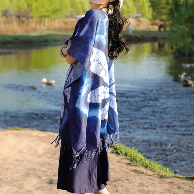 Jersey de viaje acogedor con borlas y chal de Batik azul con Buddha Stones , 95x90cm
