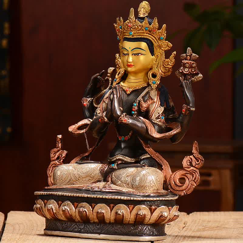 Decoración de estatua de cobre de protección Avalokitesvara de cuatro brazos Bodhisattva Chenrezig