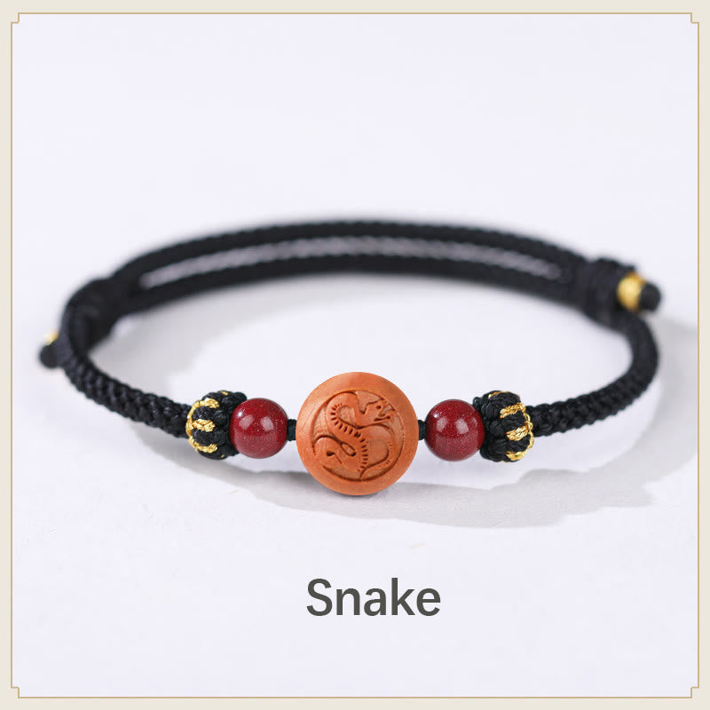 Pulsera de riqueza de cinabrio tallada con carácter del zodíaco chino, madera de melocotón Natural, Buddha Stones