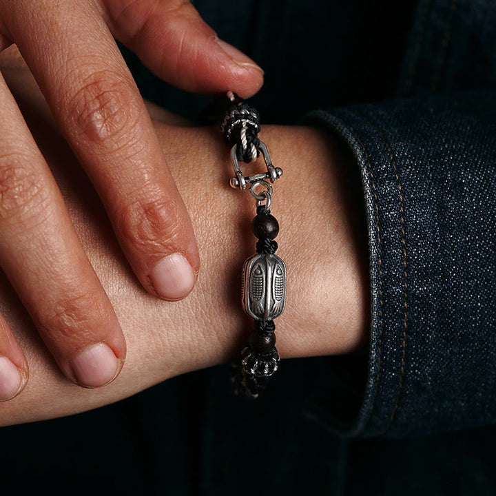 Pulsera de hilo trenzado con nudo de reencarnación de riqueza de peces Koi de plata de ley 925 con Buddha Stones