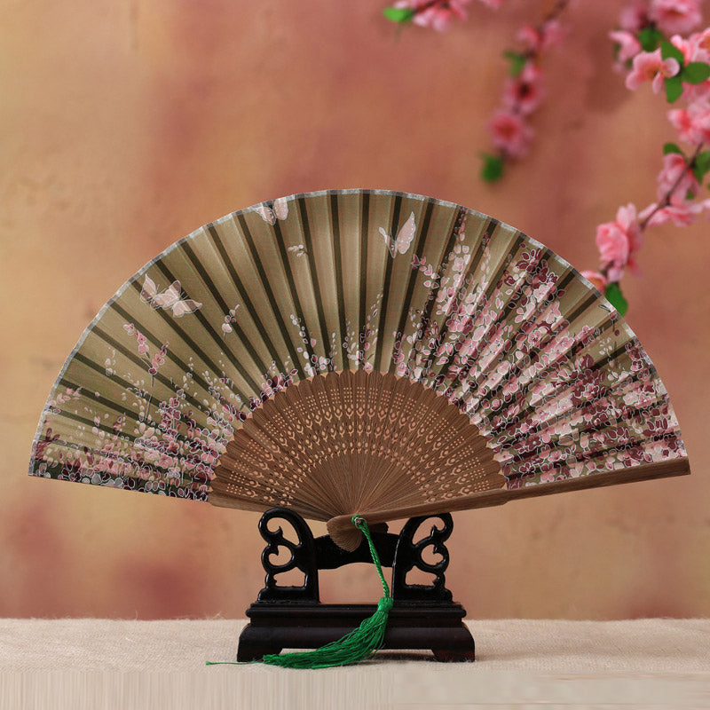 Abanico plegable de bambú con Buddha Stones, flor de cerezo, lirio, mariposa, bambú, 21cm