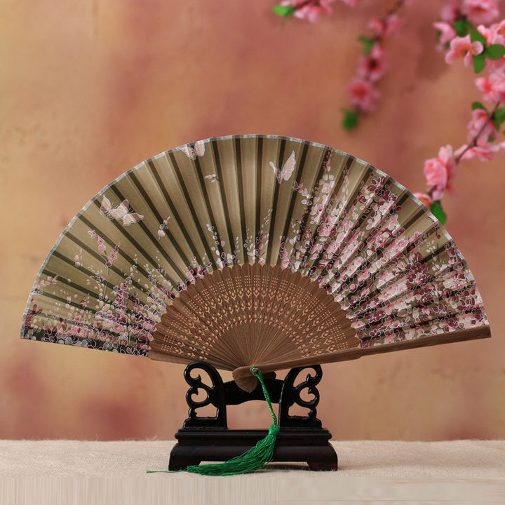 Abanico plegable de bambú con Buddha Stones, flor de cerezo, lirio, mariposa, bambú, 21cm