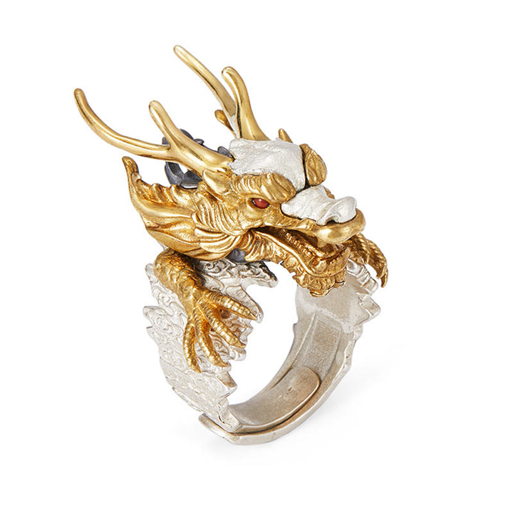 Colgante de anillo ajustable con protección de éxito de la suerte del dragón de plata de ley 925 con Buddha Stones