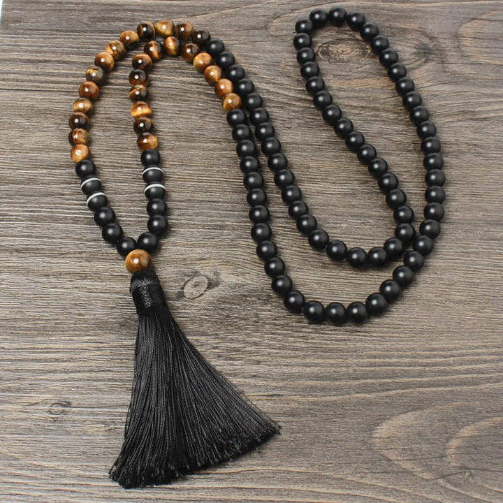 Buddha Stones Ónix negro Ojo de tigre Pulsera de la fortuna Collar con borlas Colgante