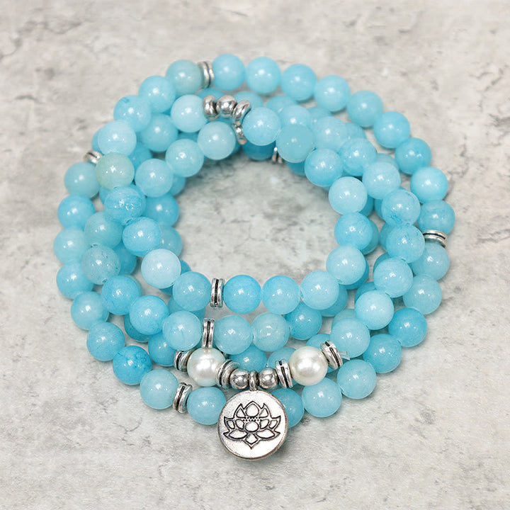 Buddha Stones Pulsera de Mala de Loto Curativo de Piedra Amazonita Natural