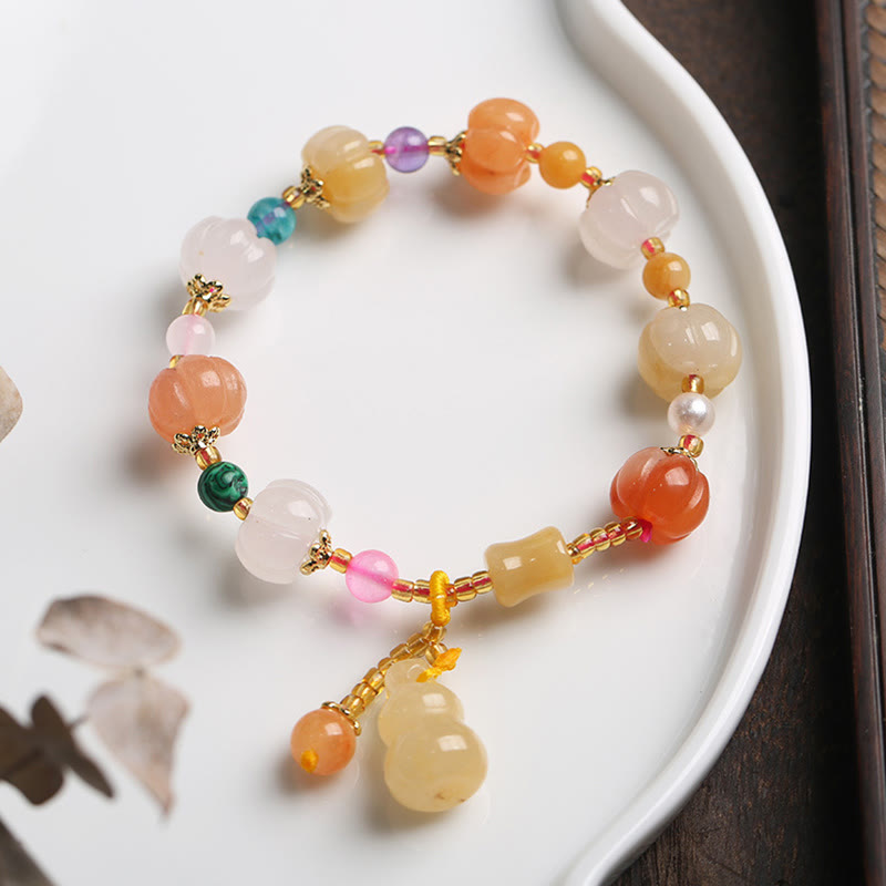 Pulsera de abalorios de riqueza con cuentas de calabaza Pixiu, cristales de Jade de seda dorada Natural