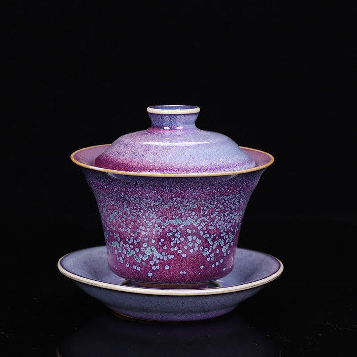 Taza de té y platillo con tapa, cerámica Gaiwan Sancai, cambio de horno de esmalte Retro, Buddha Stones , Kung Fu - Estilo morado (el color y el esmalte pueden variar). - 9,8 cm x 9 cm x 150 ml - image 2