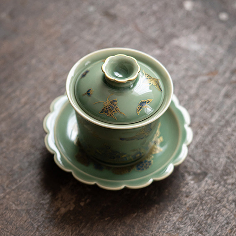 Buddha Stones de porcelana verde, mariposa, flor, salmón, pescado, cerámica, Gaiwan Sancai, taza de té de Kung Fu y platillo con tapa