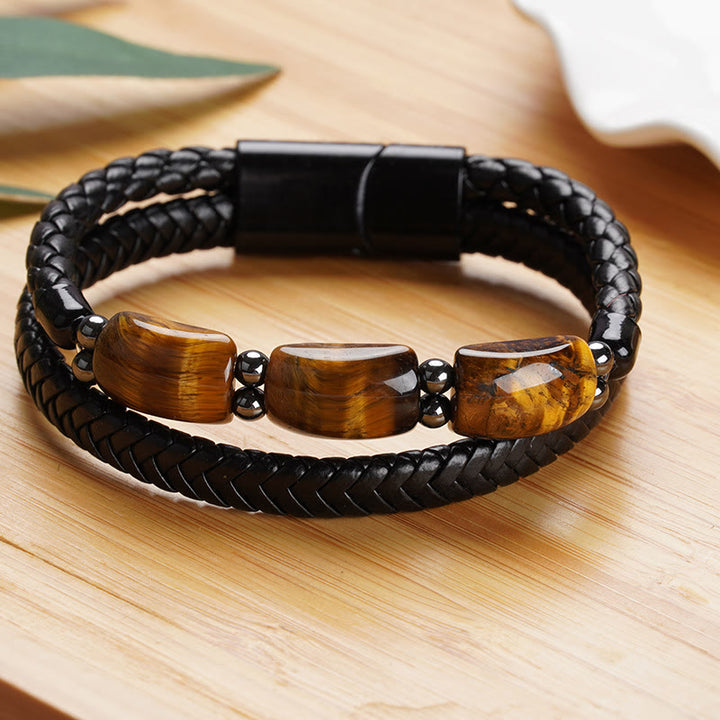 Pulsera de cuero con hebilla magnética y protección de ojo de tigre natural con Buddha Stones