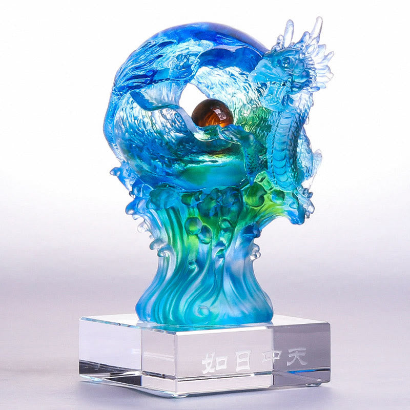 Buddha Stones hechas a mano, dragón azul Liuli, pieza de arte con cristal, protección del éxito, decoración para el hogar y la Oficina
