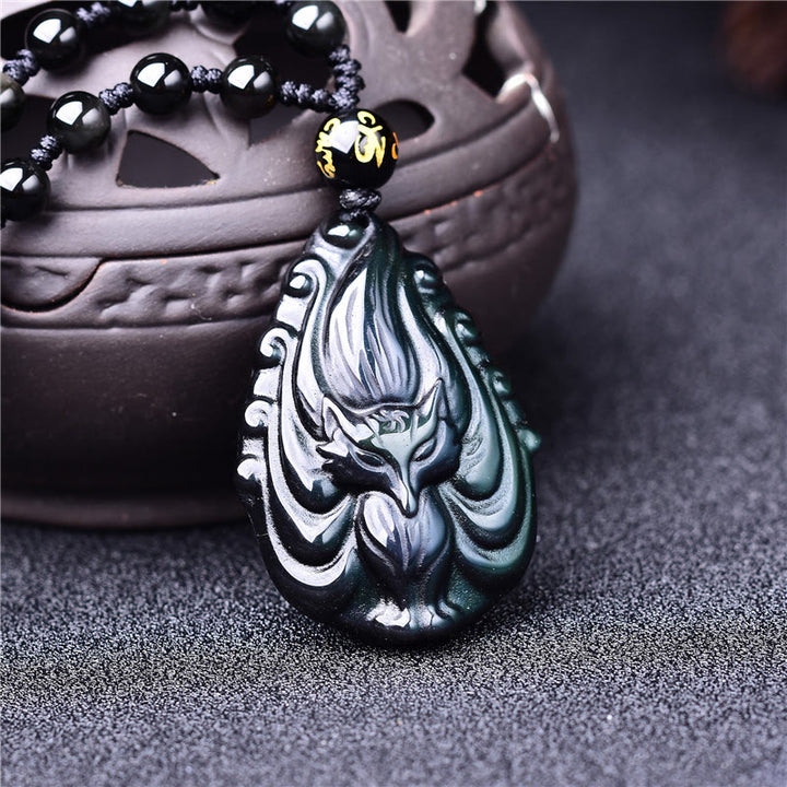 Buddha Stones, obsidiana arcoíris Natural, zorro de nueve colas, collar de paz interior, colgante de cuerda con cuentas