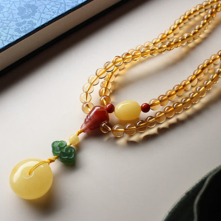 108 cuentas de Mala, citrino Natural, ámbar, hebilla de la paz, ágata roja, pulsera de protección PiXiu