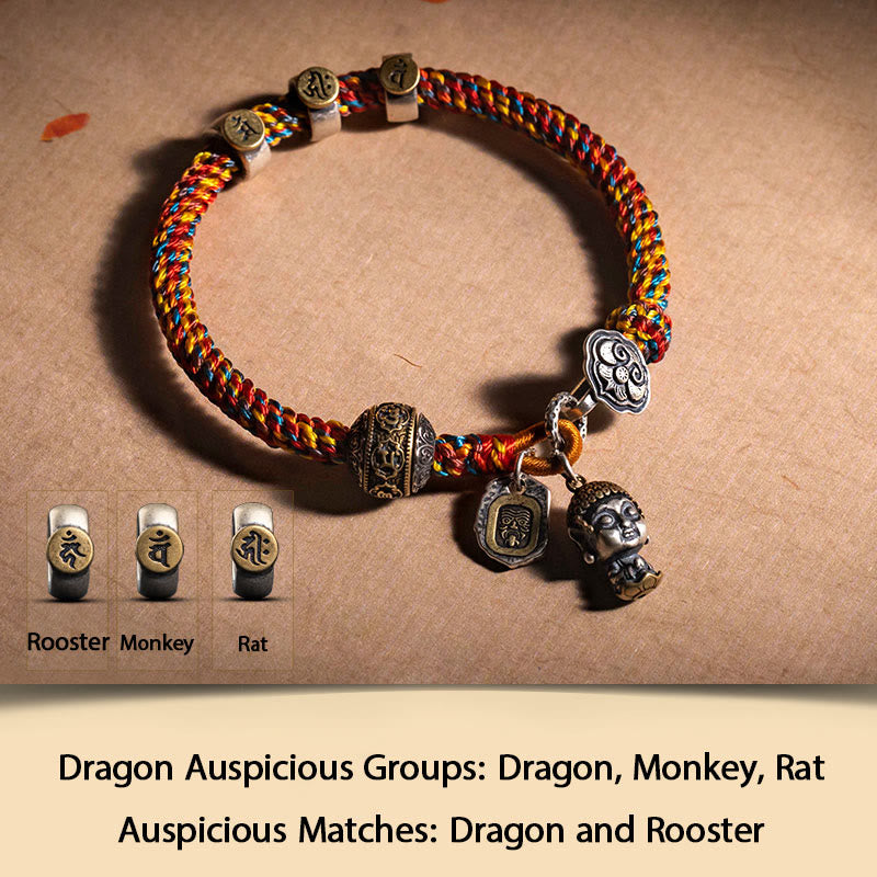 Buddha Stones hechas a mano tibetana de plata de ley 925, zodíaco chino, Buda natal Zakiram, diosa de la protección de la riqueza, pulsera trenzada de cuerda multicolor