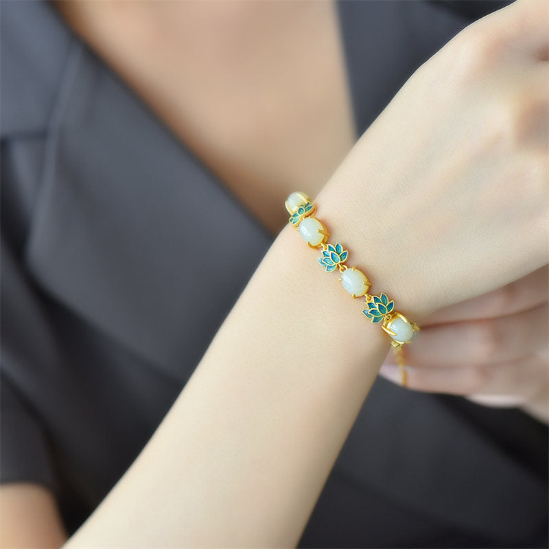 Pulsera de Protección de Loto de Jade Cian de Jade Blanco con Buddha Stones