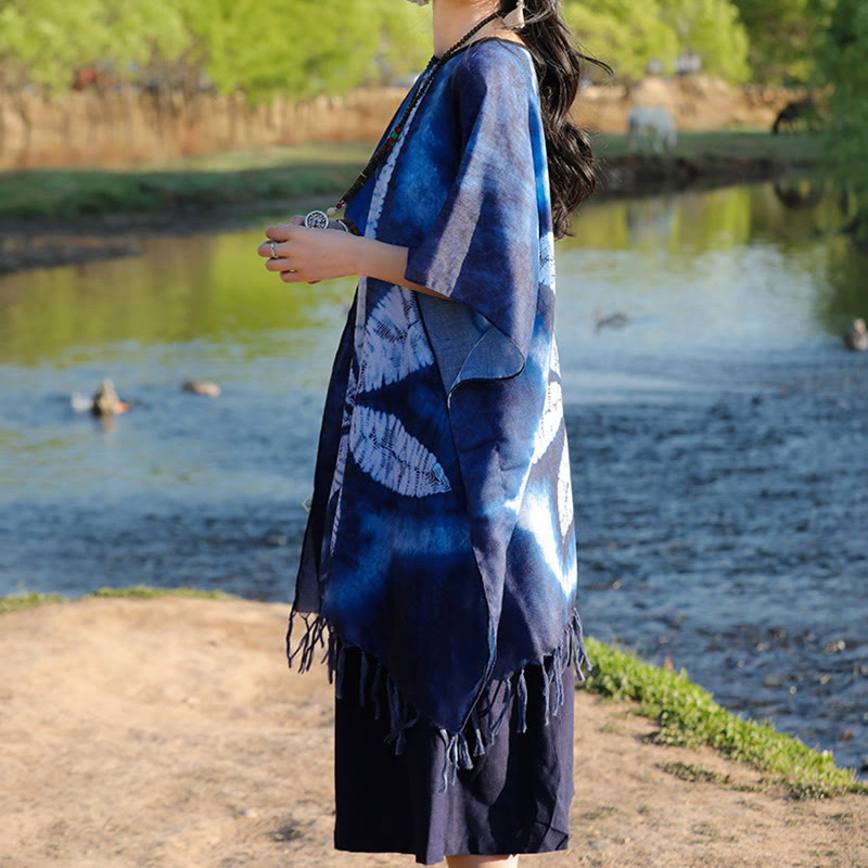 Jersey de viaje acogedor con borlas y chal de Batik azul con Buddha Stones , 95x90cm