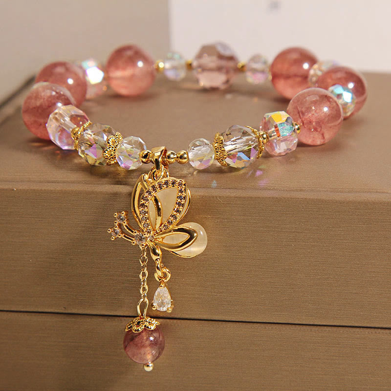 Pulsera con dije de mariposa positiva curativa de cuarzo fresa natural con Buddha Stones