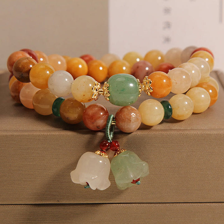 Pulsera de la suerte de orquídeas con campana de doble capa de Jade de seda dorada Natural del Tíbet con Buddha Stones
