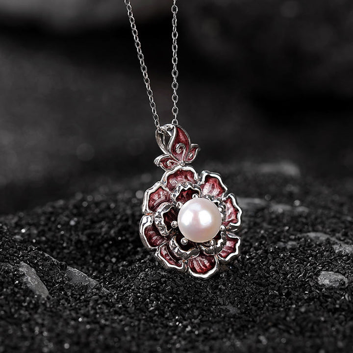 Colgante de collar curativo con perlas de flor de peonía de plata de ley 999 con Buddha Stones