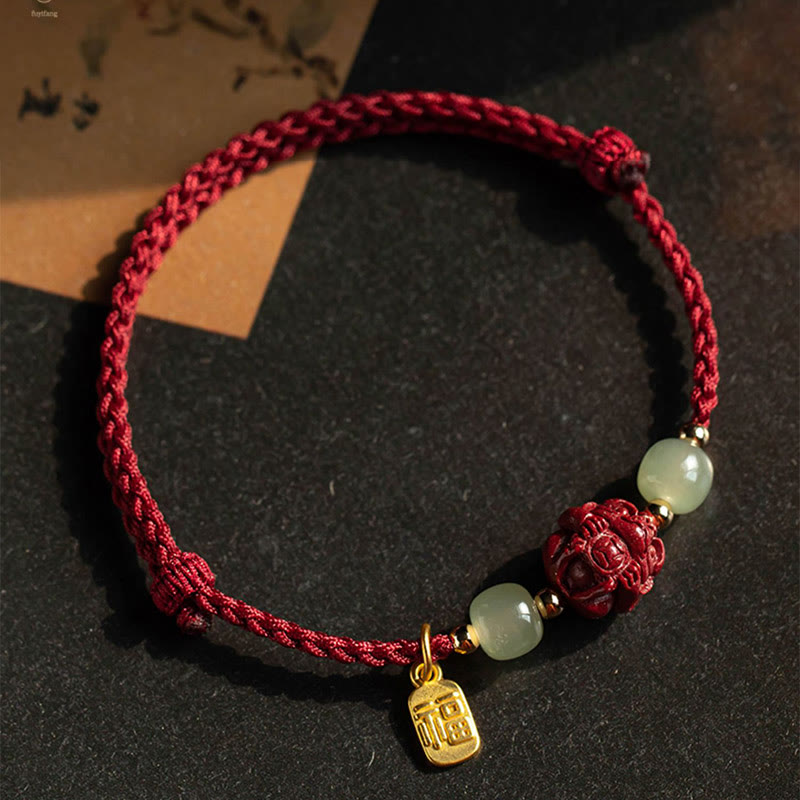 Pulsera de cuerda de la suerte con carácter de Jade Hetian del zodíaco chino cinabrio Natural de Buddha Stones