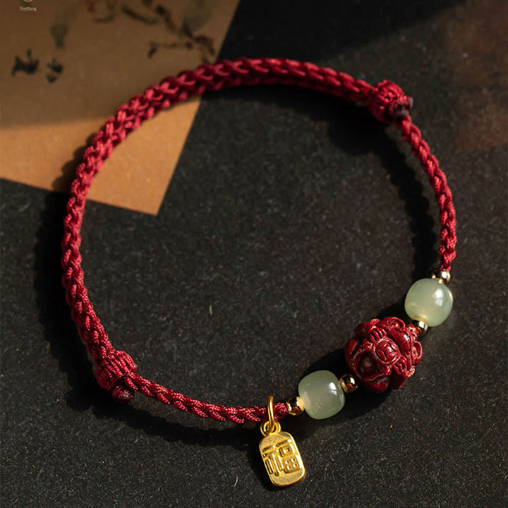 Pulsera de cuerda de la suerte con carácter de Jade Hetian del zodíaco chino cinabrio Natural de Buddha Stones